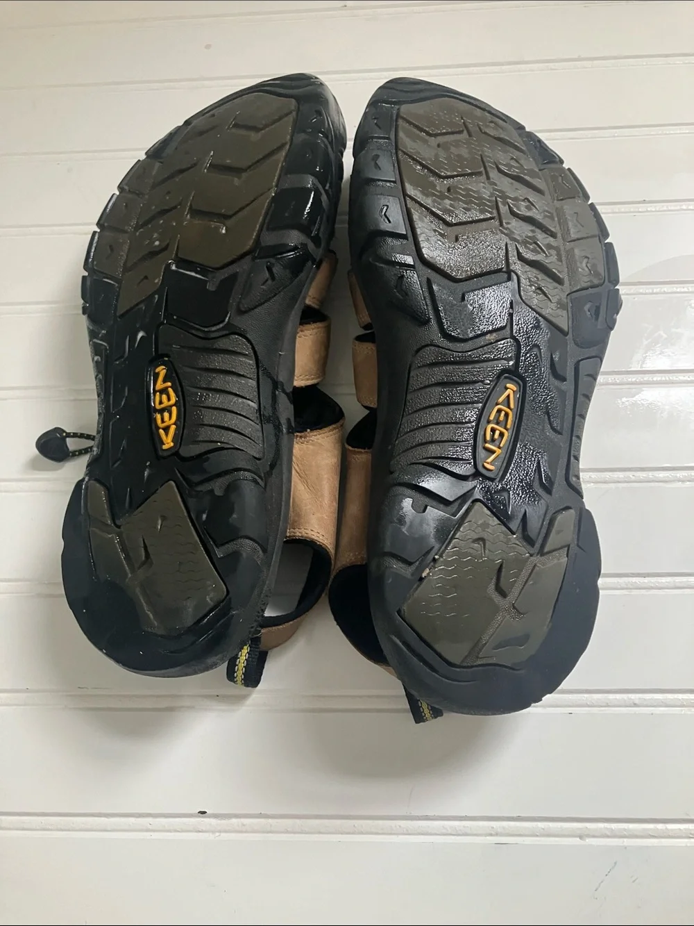 KEEN Brown Leather Outdoor Sandal with Black Sole and Yellow Accents